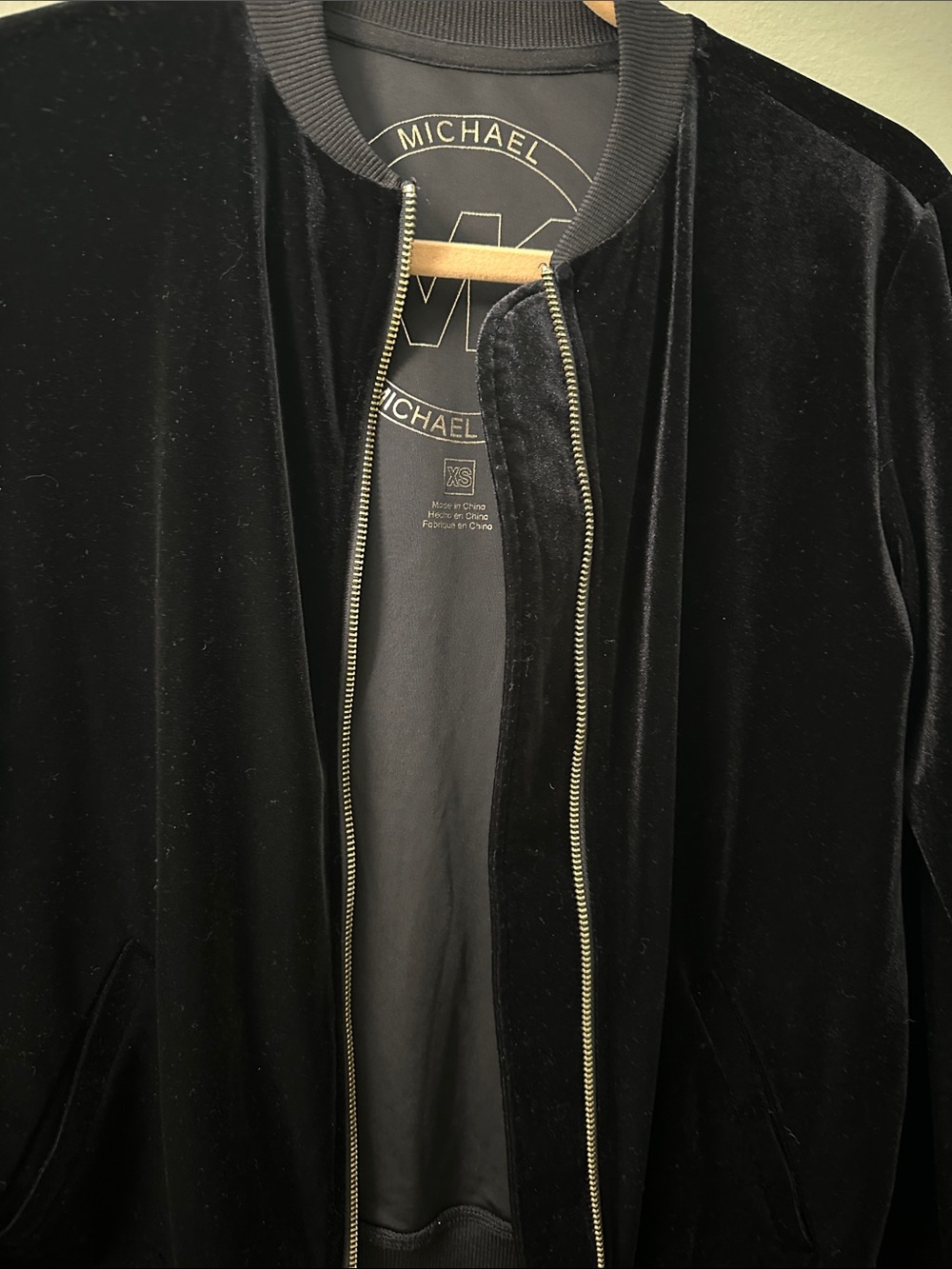 Michael Kors Black Velvet Bomber Jacket with Gold Zip Pull Size XS - Picture 3 of 5